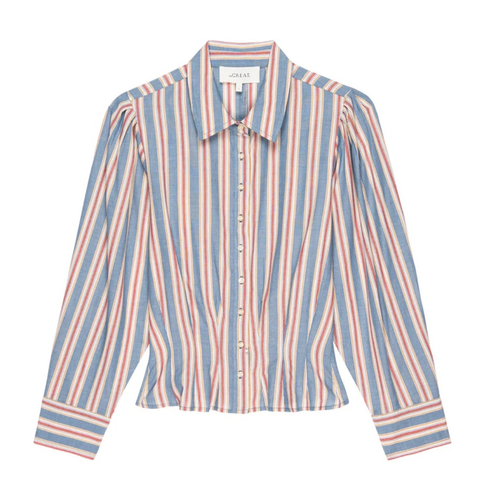 THE GREAT. The Honor Top Frontier Stripe Button Puff Sleeve Size 3 Large $250 - Picture 2 of 9